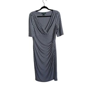 Lauren Ralph‎ Lauren Faux Wrap Stretch Knit Print Midi Dress 12 Work Wear Preppy